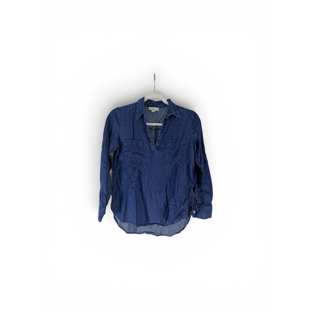 Loft Outlet Petite XXSP Blue Chambray Popover Shirt Lyocell Long Sleeve Blouse